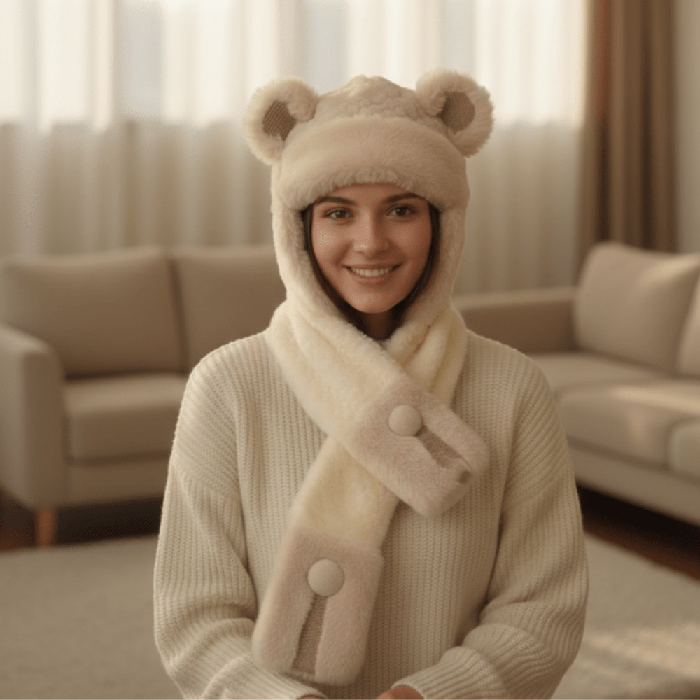 3-in-1 Bear Scarf Hat Beige