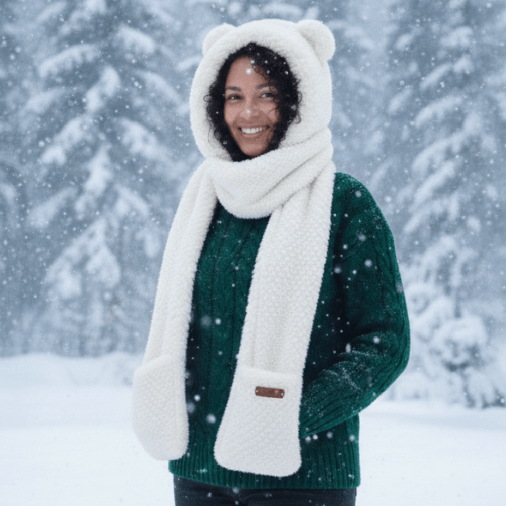 3-in-1 Bear Scarf Hat White